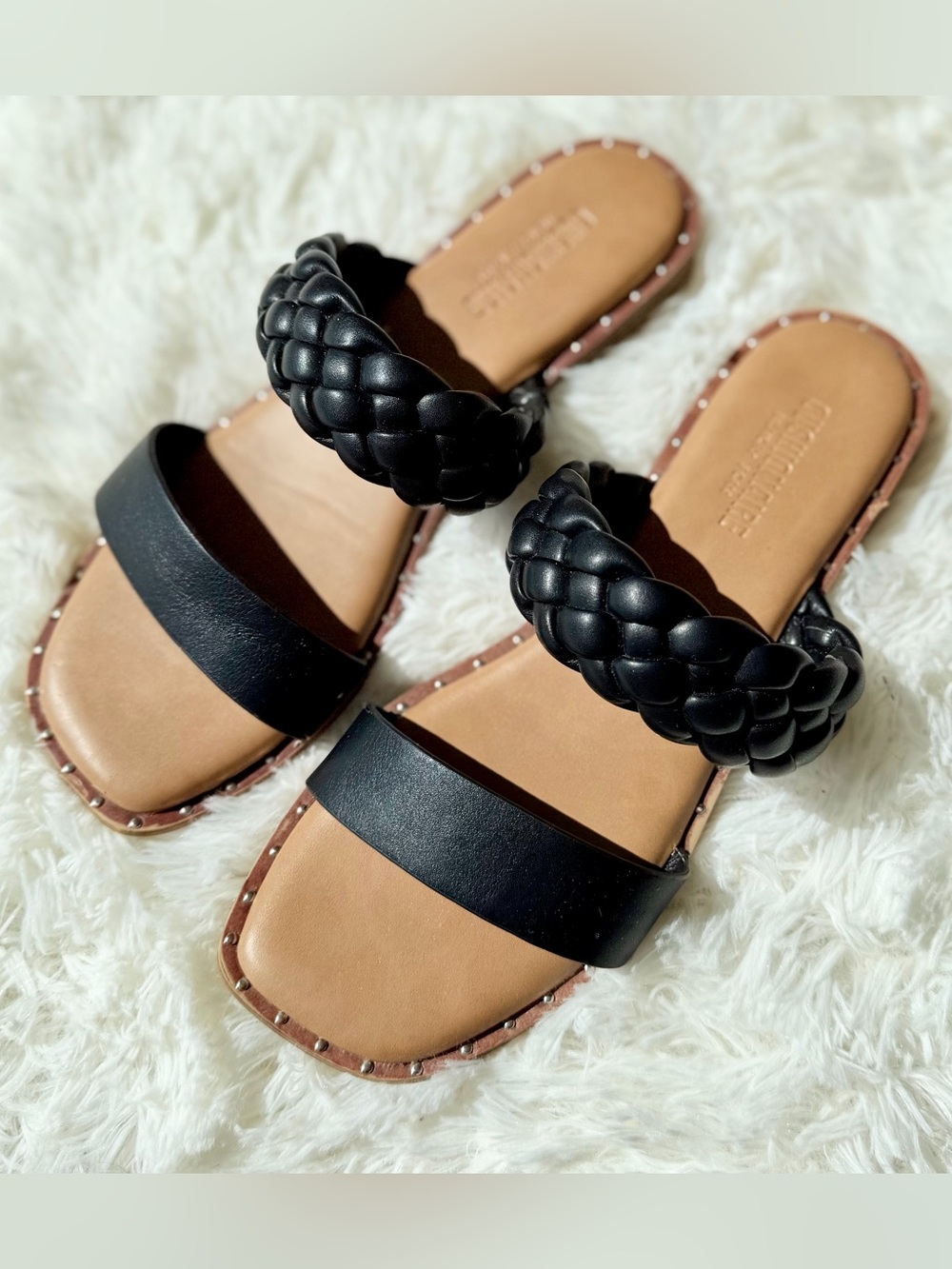 Black Braided Double-Strap Slide Sandals - 8